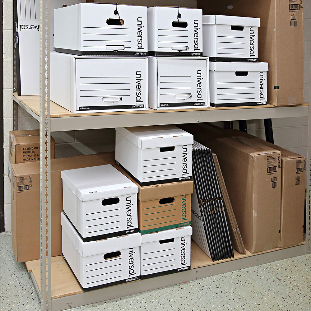 Storage room with Universal storage boxes stacked on the shelves